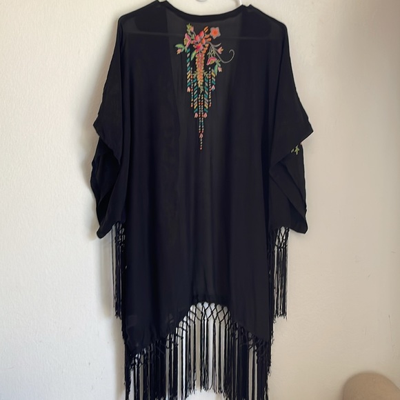 Johnny Was |Black Floral Embroidered Kimono with Fringe - Picture 6 of 11